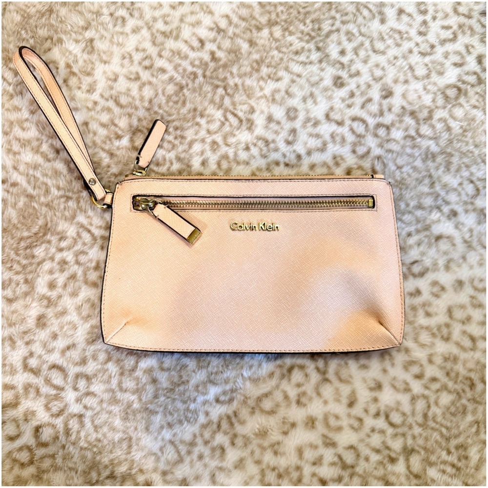 Calvin Klein Blush Pink Saffiano Leather Wristlet Clutch Bag Gold Hardware Small